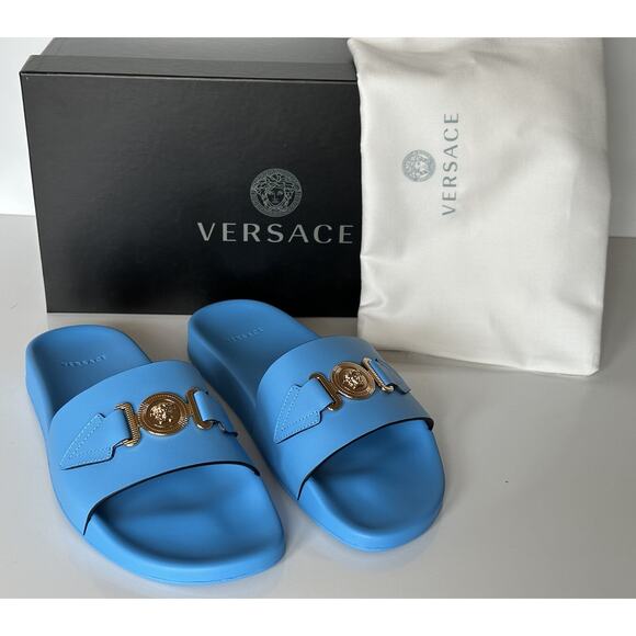 NIB $575 Versace Gold Medusa Leather/Rubber Sandals Blue 9.5 (42.5) 1004983 IT - Picture 1 of 13